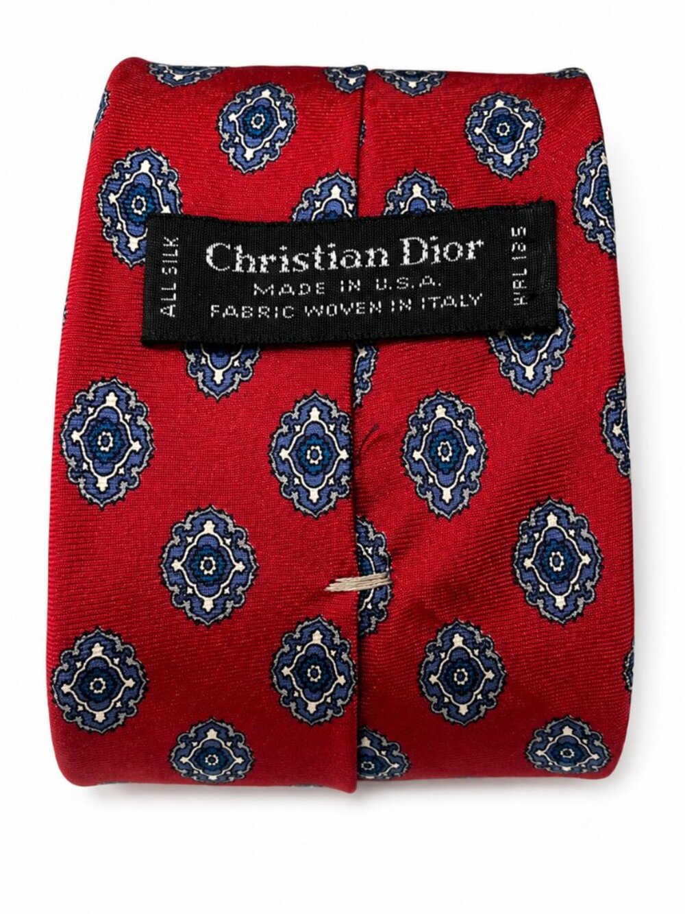 Vintage Christian Dior Red Silk Tie Blue Medallion Made USA Woven Italy Necktie